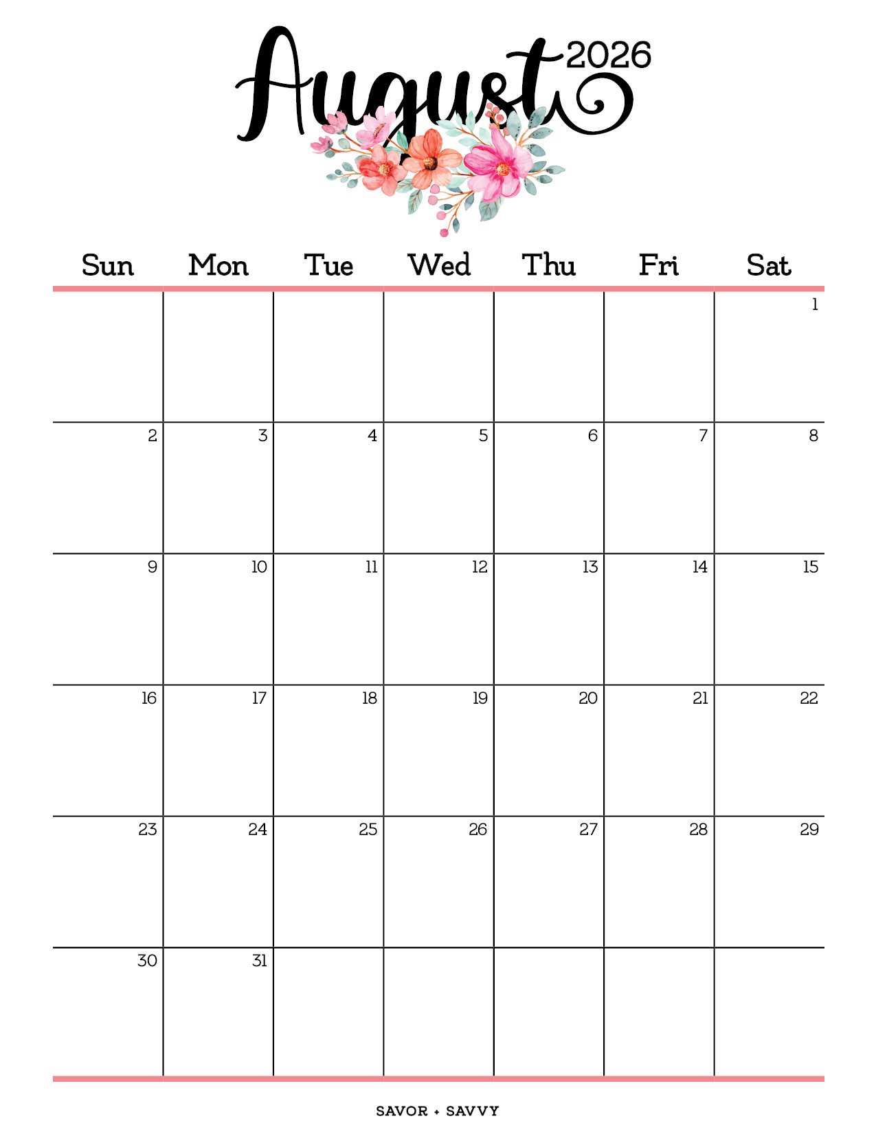 Free printable August 2026 calendar with a bright watercolor floral design and a Sunday start.