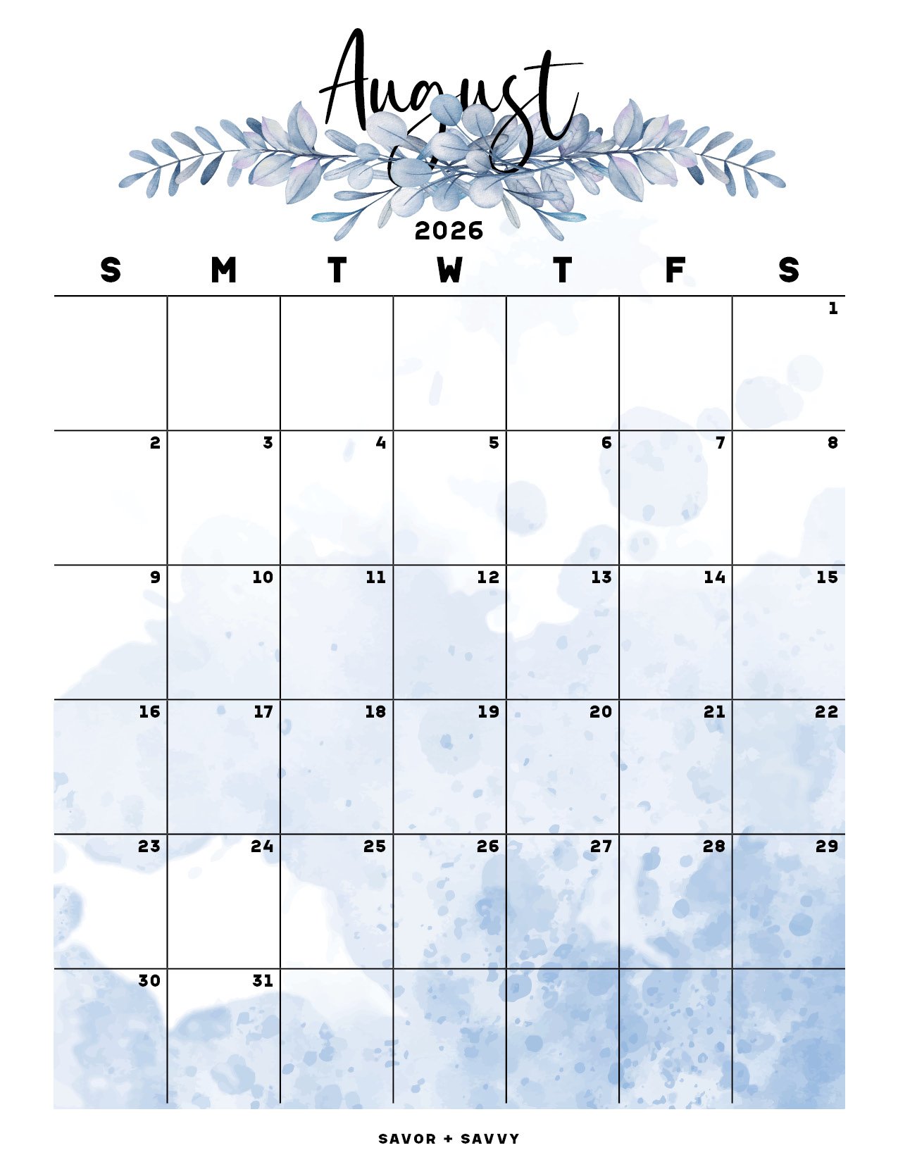 Free printable August 2026 calendar with a watercolor blue foliage design.