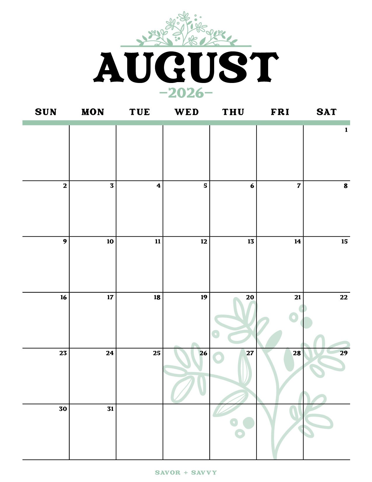 Free printable August 2026 calendar with a minimalist botanical theme, Sunday start.