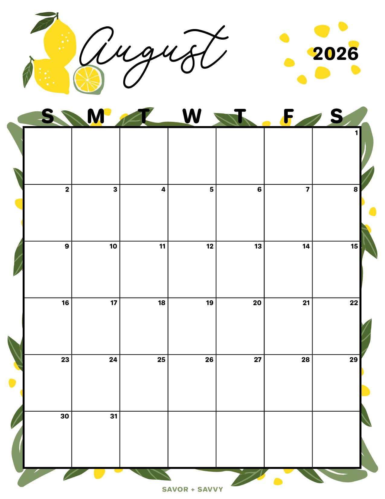 August 2026 calendar template with a citrus theme and vertical layout.
