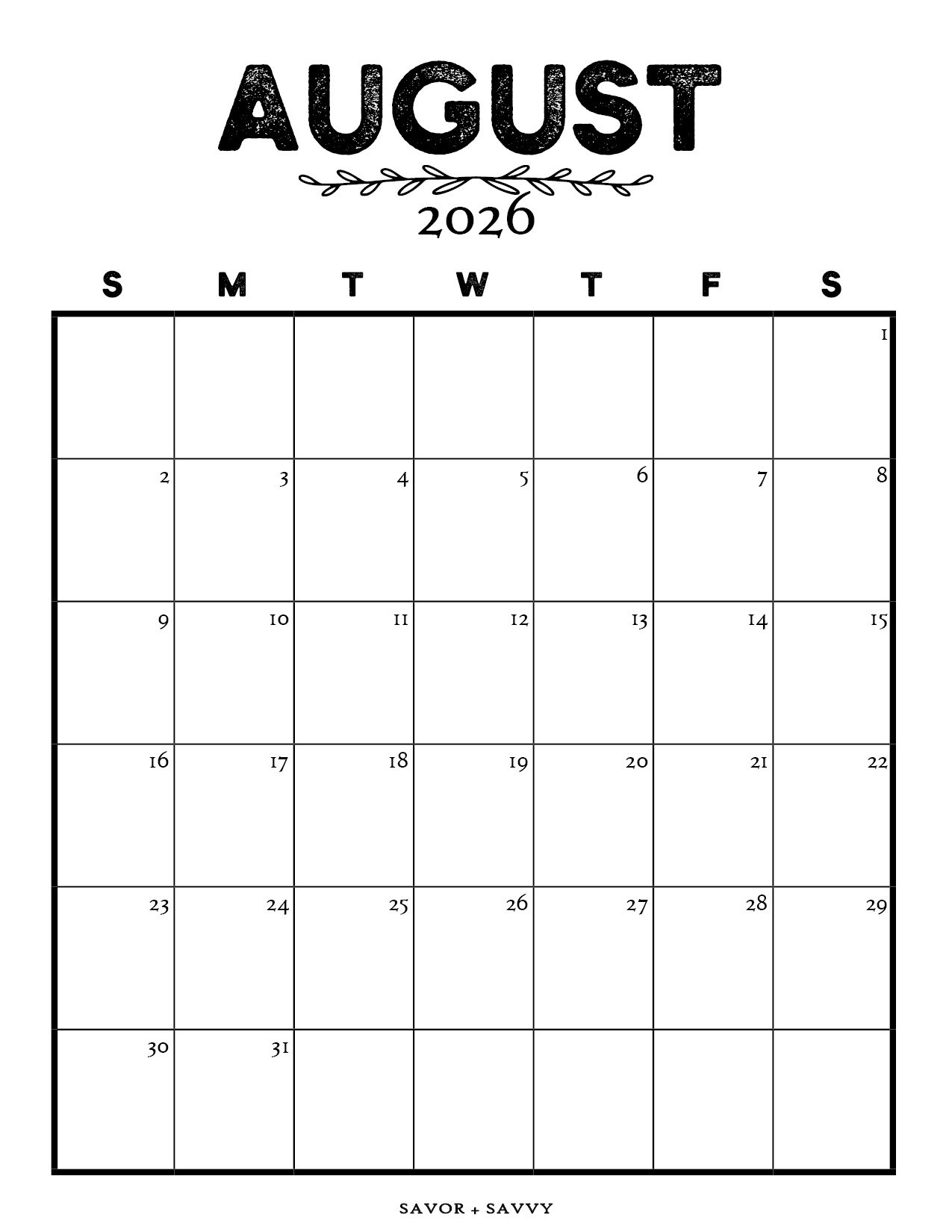 Free printable August 2026 calendar with a farmhouse design.