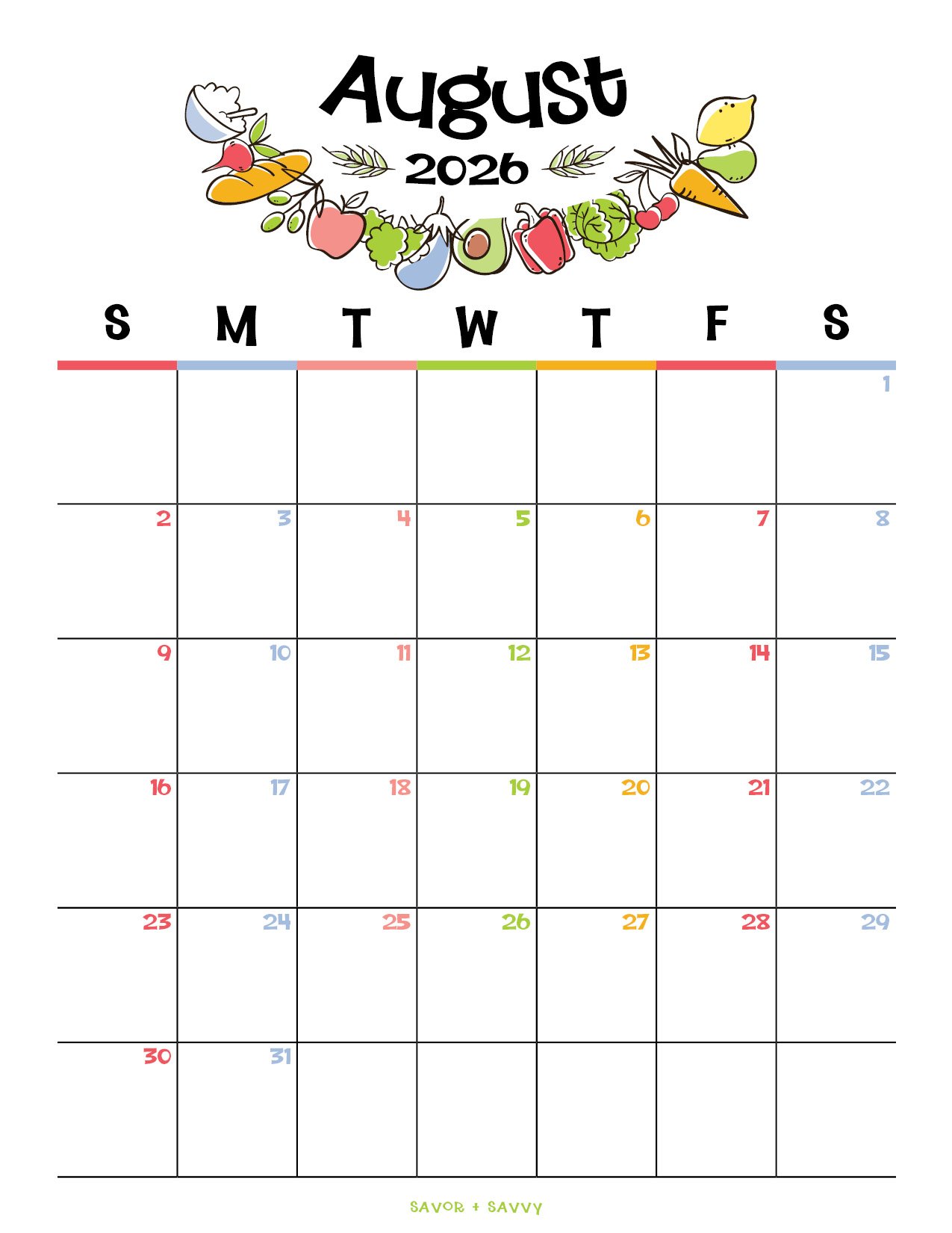 August 2026 calendar template with a colorful food doodles theme.