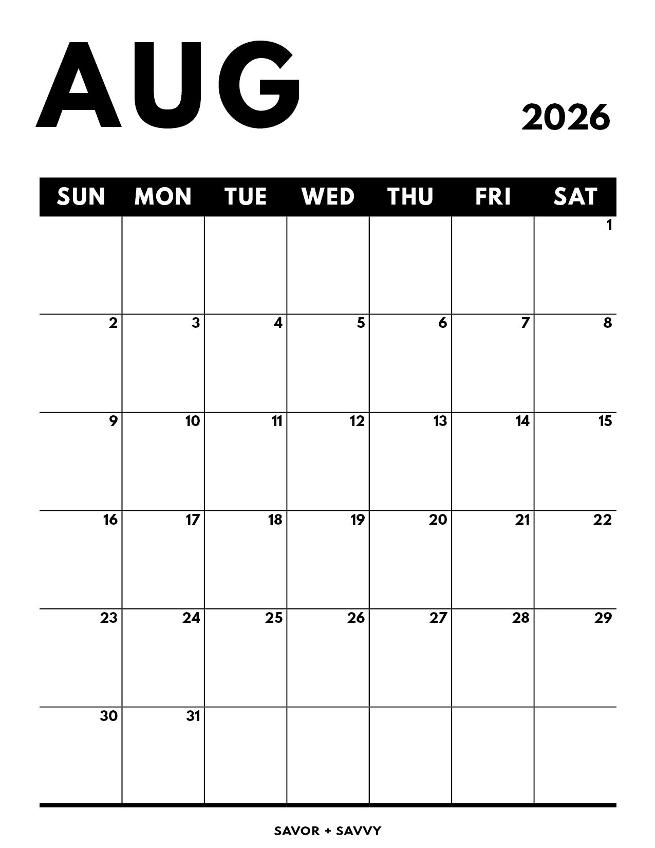 Free printable August 2026 calendar with a simple and functional office design.