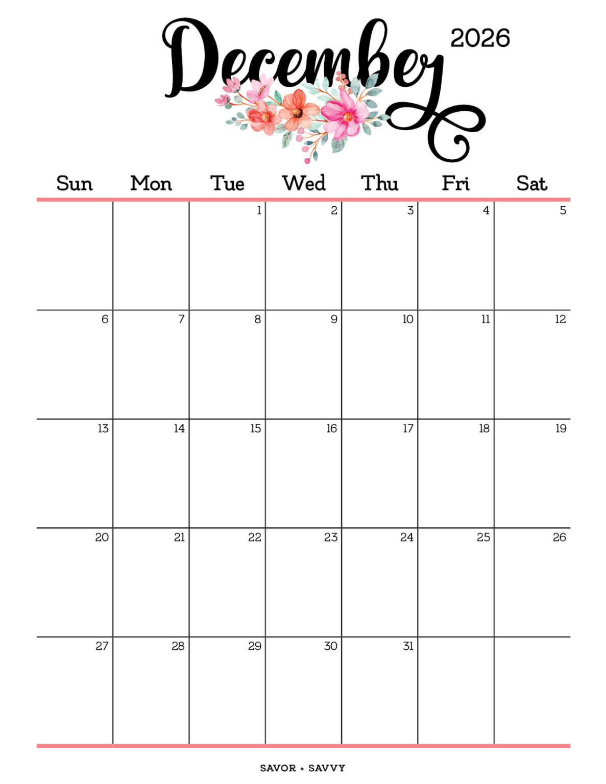 December 2026 Calendar Templates - 14 Free Printables - Savor + Savvy