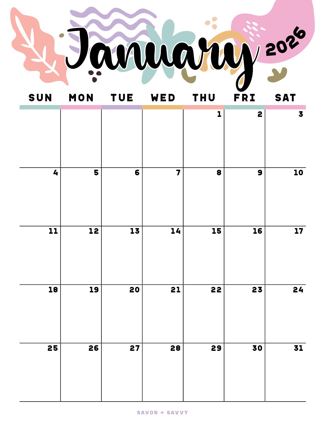 January 2026 calendar template with an abstract pastel design.