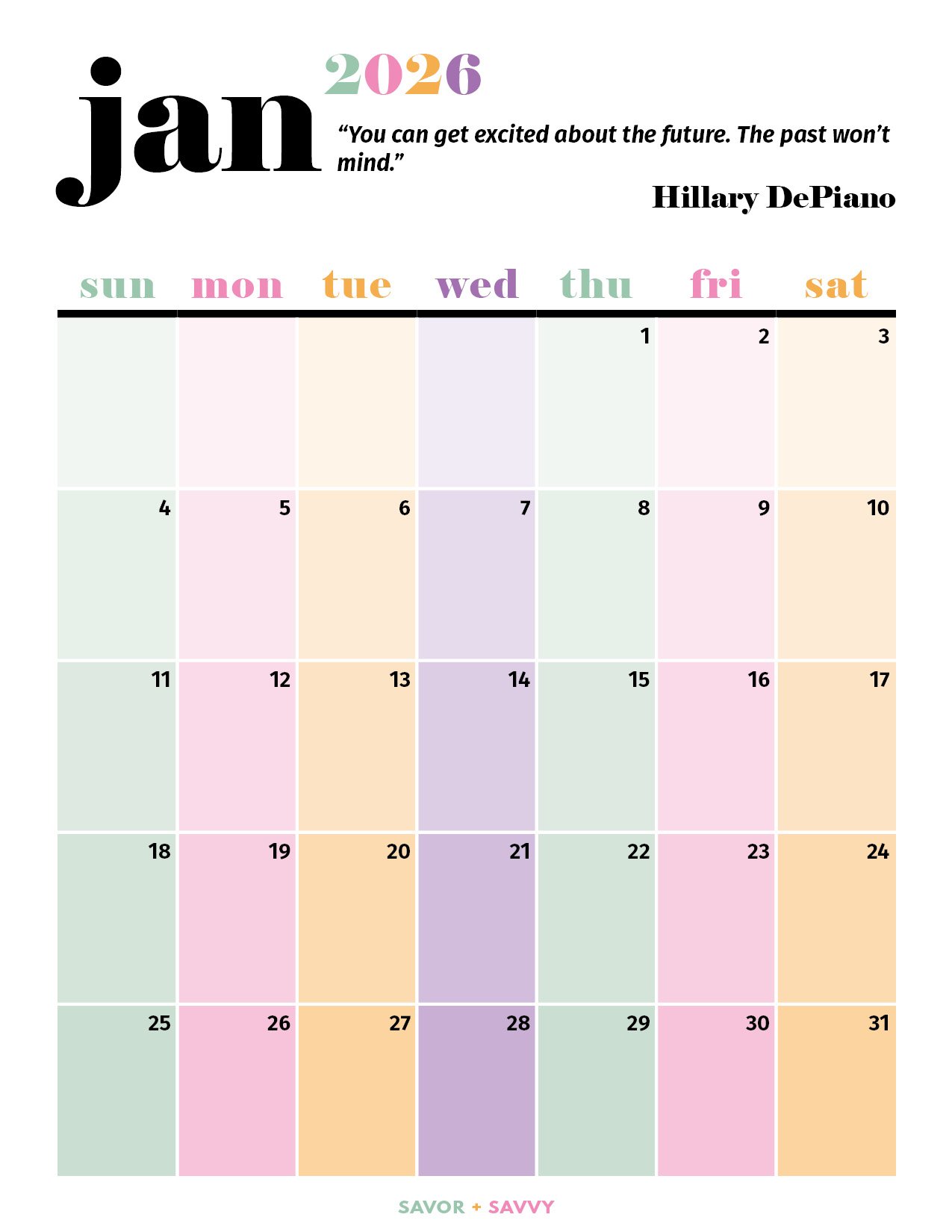 Monthly calendar for January 2026 featuring an ombre pastel design and motivational quote.