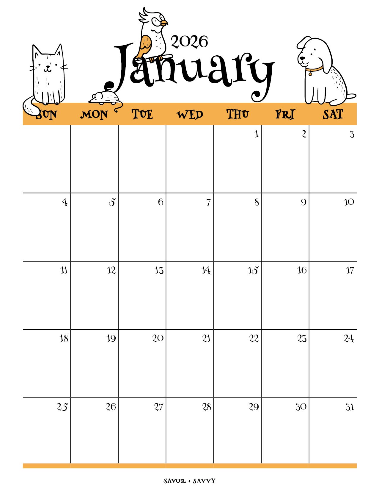 January 2026 PDF calendar with cute pet doodles in orange and black.