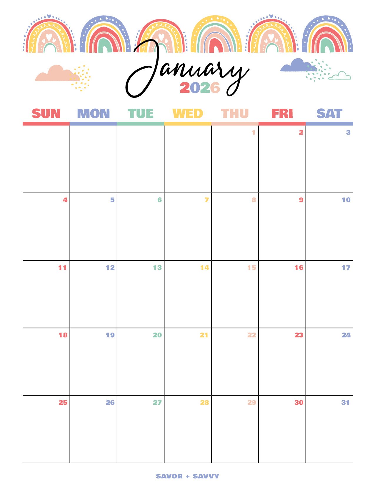 Free printable January 2026 calendar with a pastel boho rainbow theme.