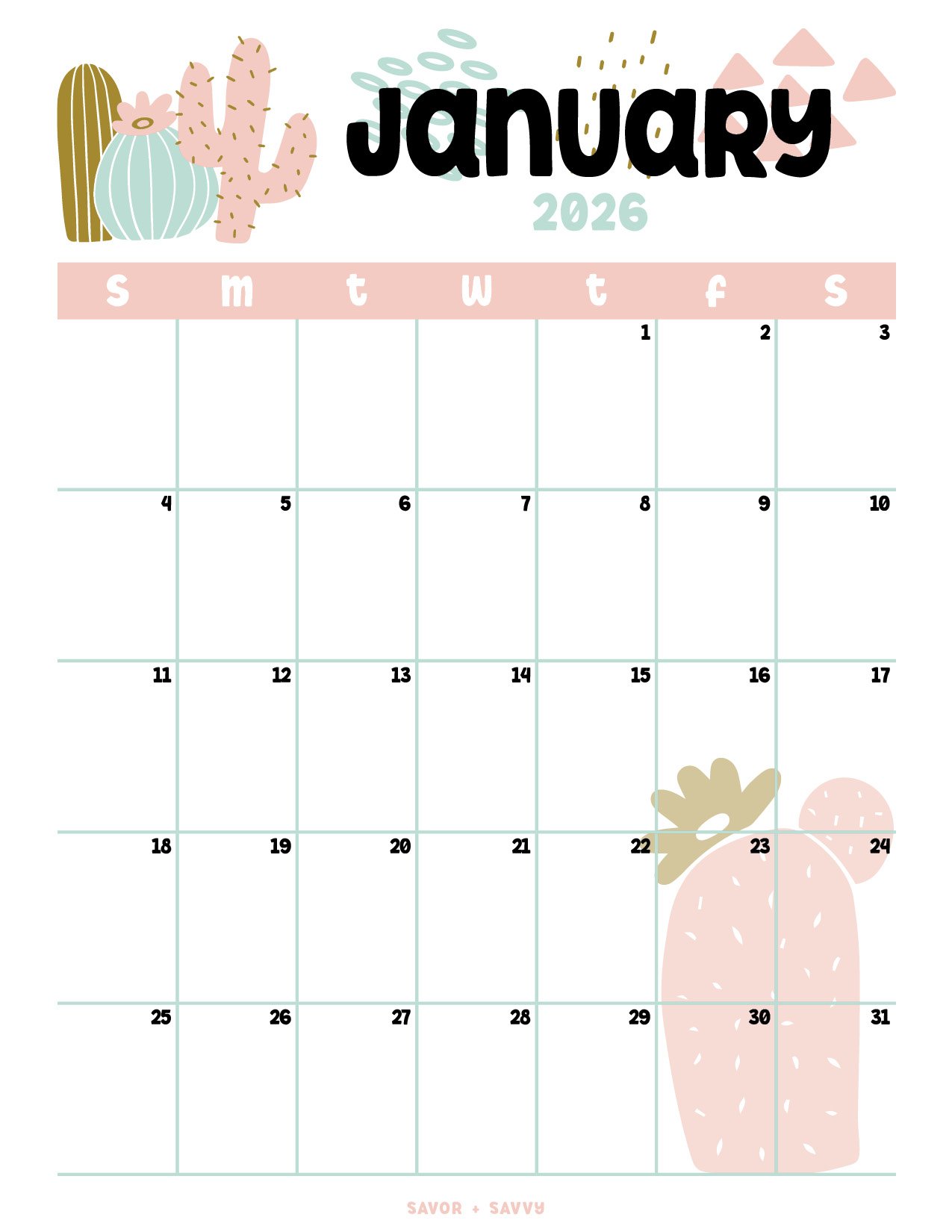 Monthly calendar template for January 2026 featuring pastel succulents.