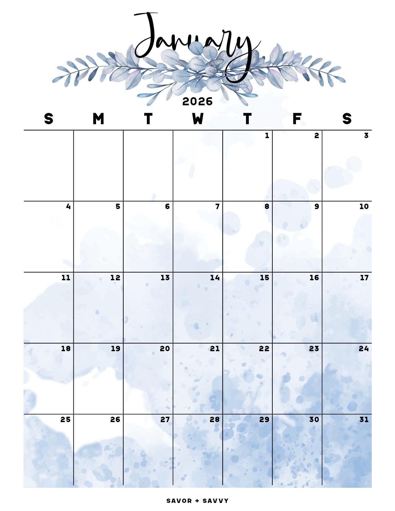 Free printable January 2026 calendar with a blue watercolor foliage theme.