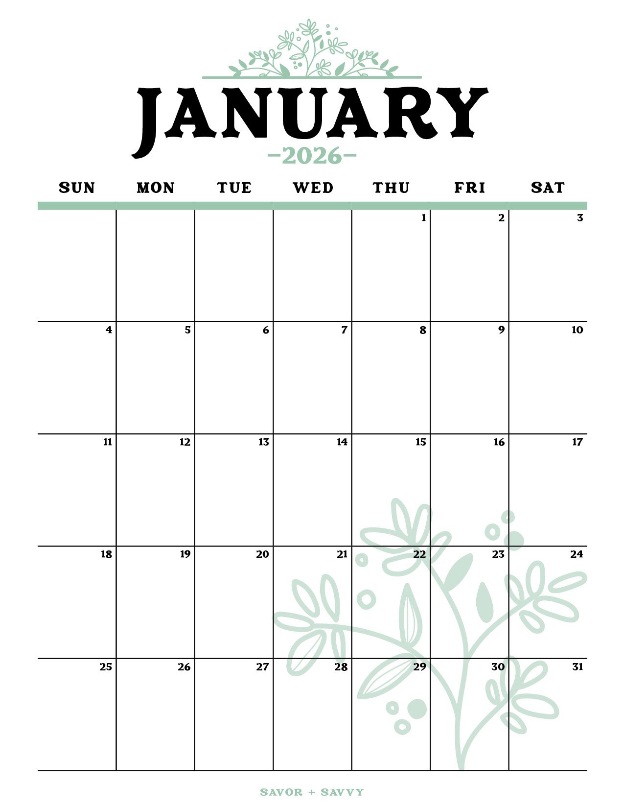 Monthly calendar template for January 2026 with a minimalist botanical design.