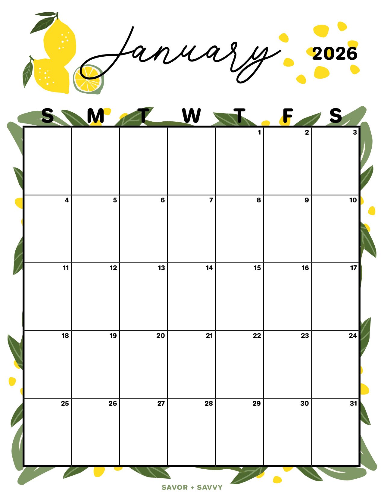 Free printable January 2026 calendar featuring a modern lemon theme.