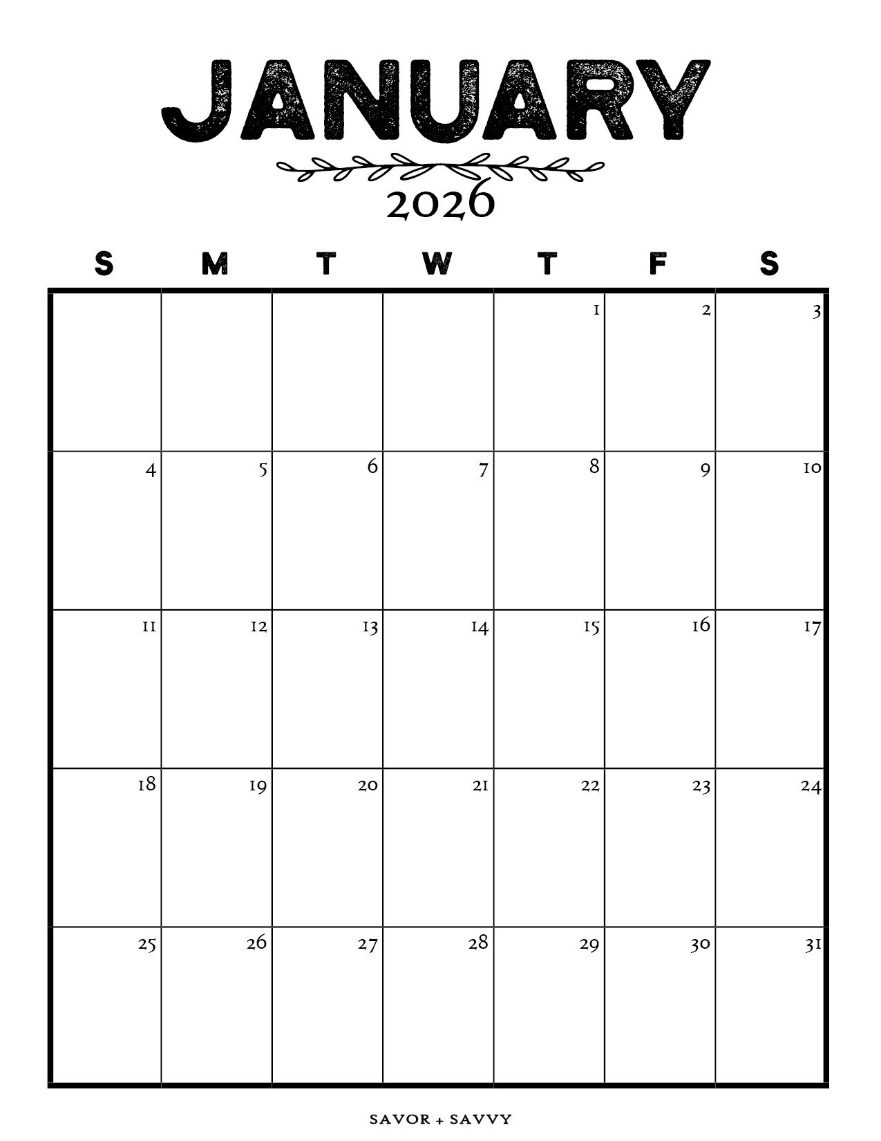 January 2026 calendar template with a rustic farmhouse design.