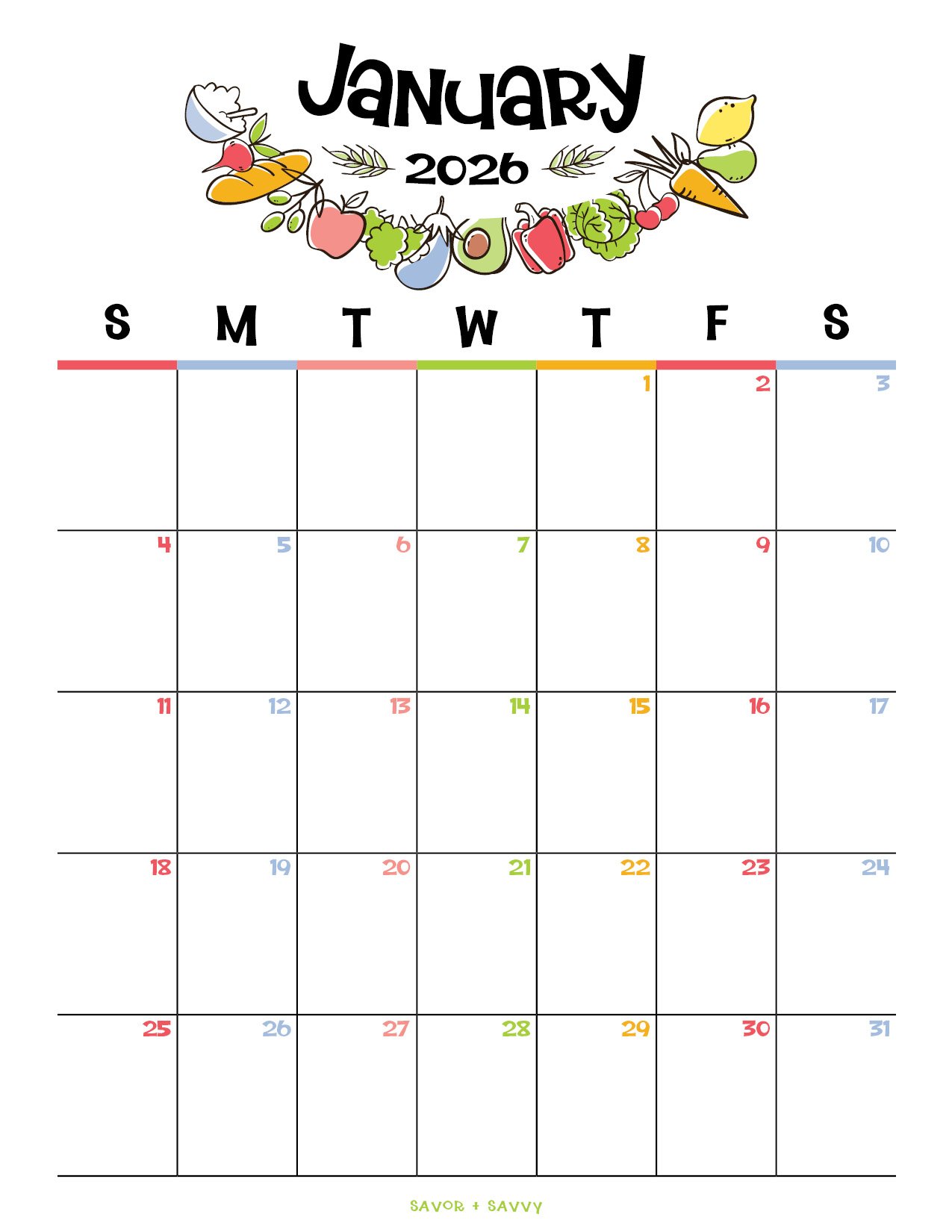 Free printable monthly calendar for January 2026 decorated with colorful food doodles.