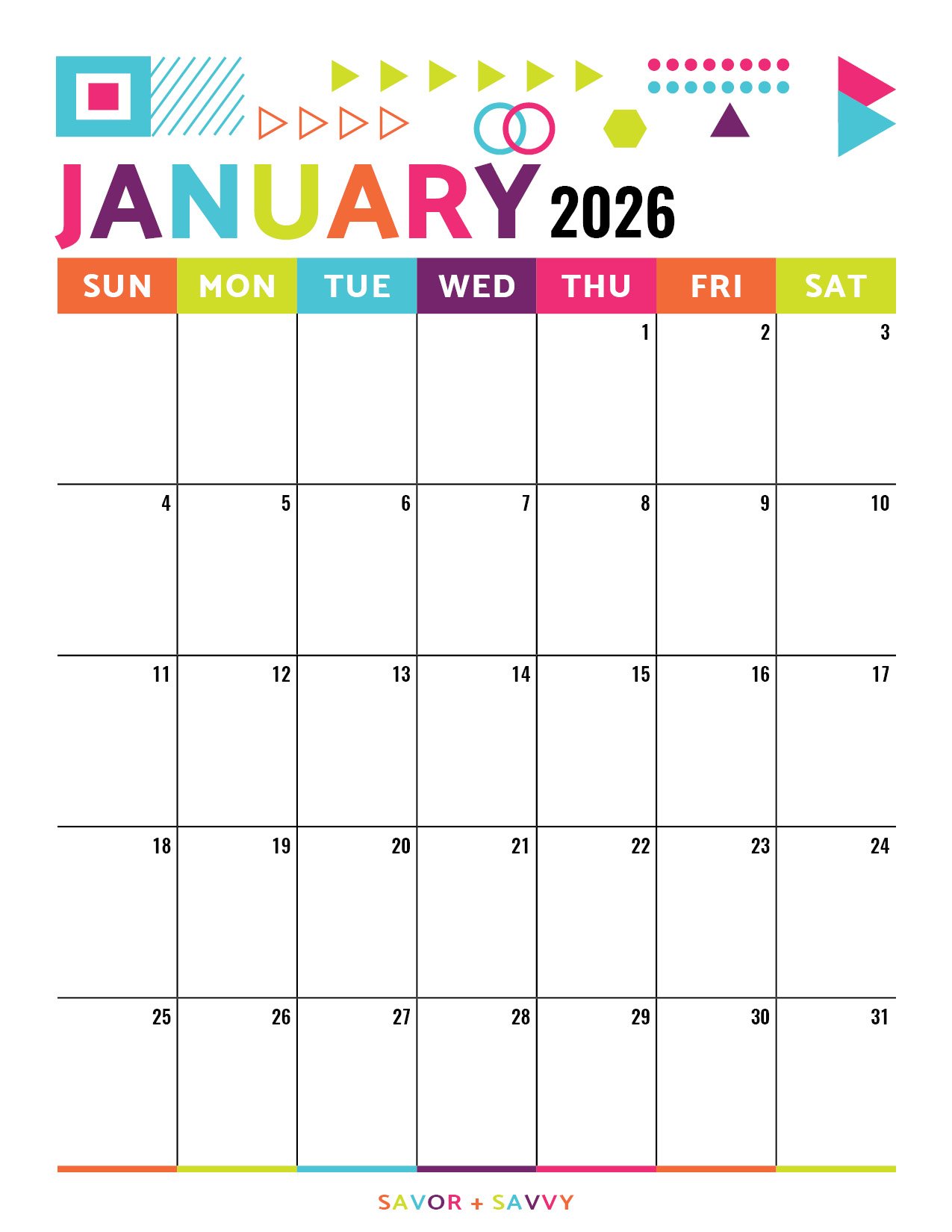January 2026 calendar with a vibrant geometric pattern in neon colors.