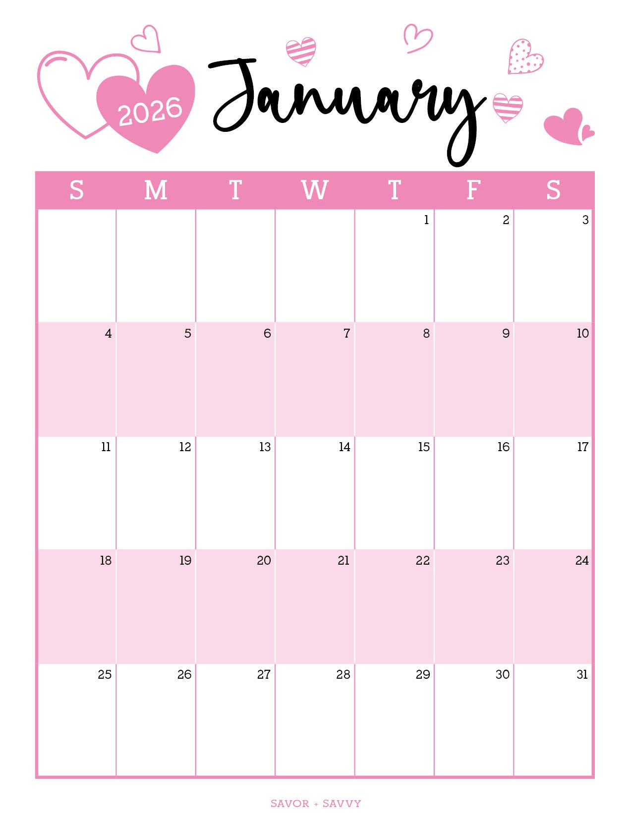 Free to download January 2026 calendar template with a romantic pink hearts design.