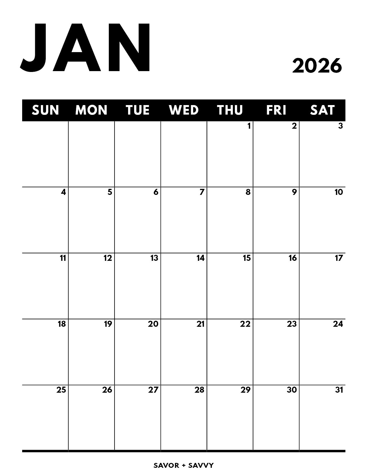 Simple and functional January 2026 calendar with a black and white office theme.