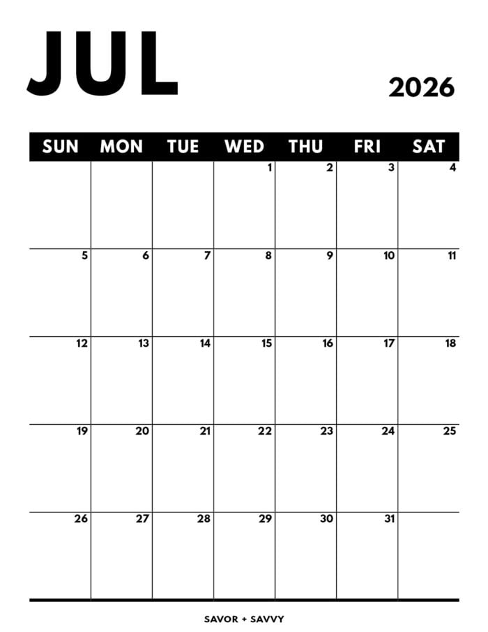 July 2026 Calendar Templates 14 Free Printables Savor + Savvy