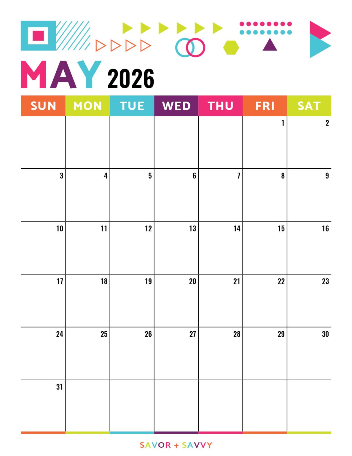 May 2026 Calendar Templates - 14 Free Printables - Savor + Savvy