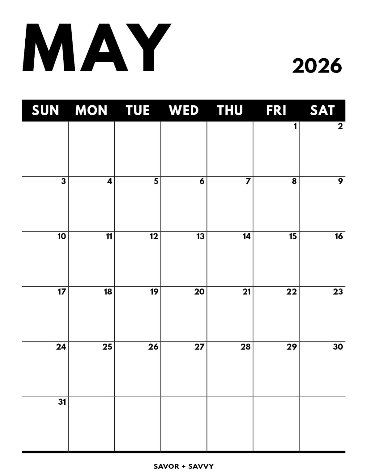 May 2026 Calendar Templates 14 Free Printables Savor + Savvy
