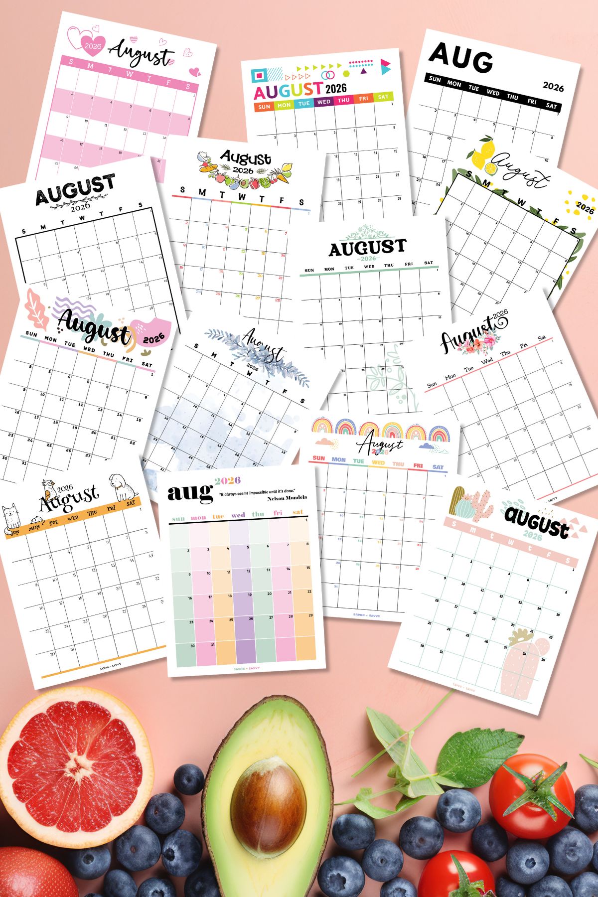 Compilation of all 14 free printable August 2026 calendar designs with a Sunday start on peach background with exotic fruit.