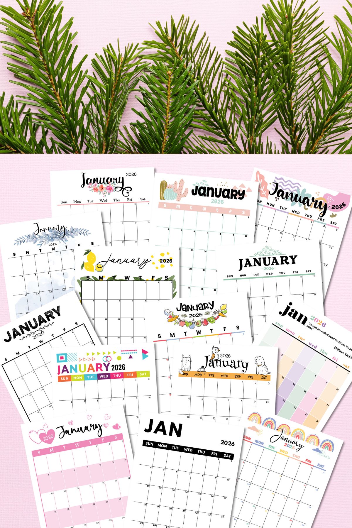 Free printable January 2026 calendar templates on a pink background with pine branches.