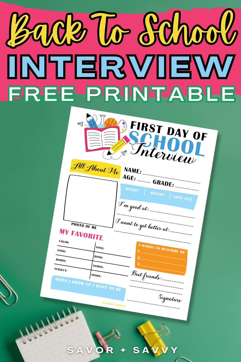 Free Printable First Day Of School Interview