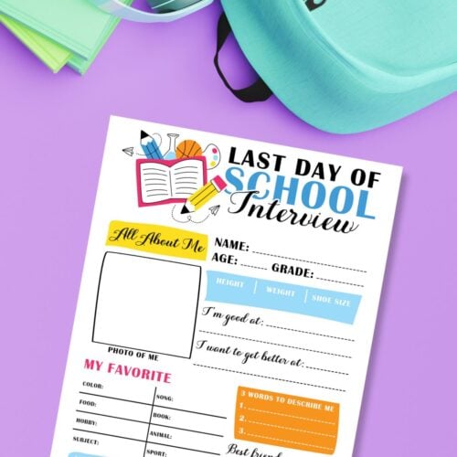 Flat lay of printable last day of school interview sheet on purple backgrond next to backpack and headphones.