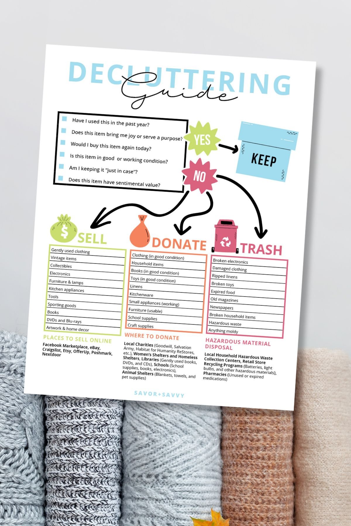 Free printable decluttering guide on light grey background next to folded sweaters.