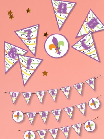 Free printable Mardi Gras banner on pink background.