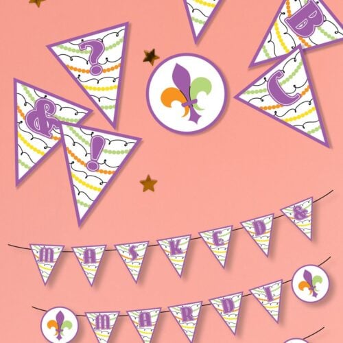 Free printable Mardi Gras banner on pink background.