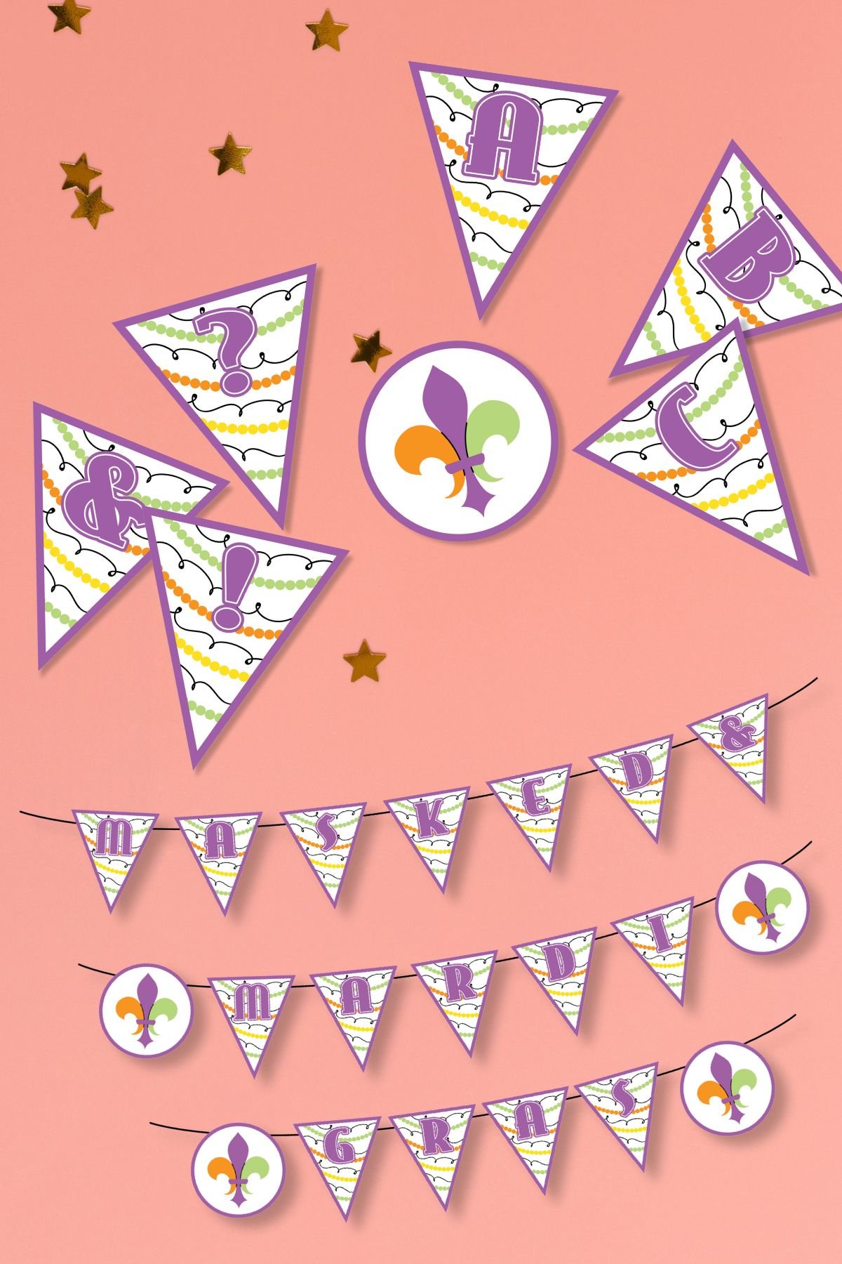 Free printable Mardi Gras banner on pink background.