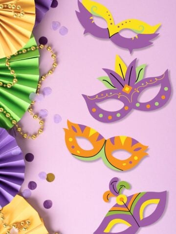 Four free printable Mardi Gras mask templates on a purple background.