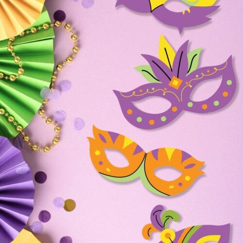 Four free printable Mardi Gras mask templates on a purple background.