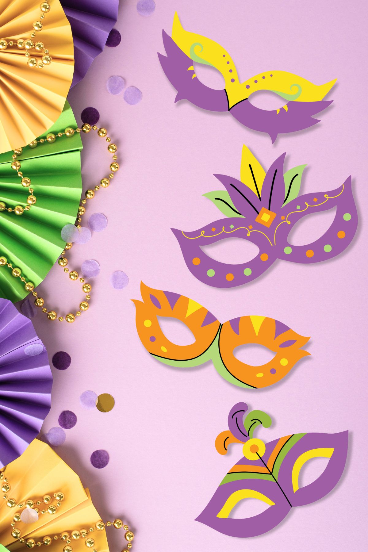 Four free printable Mardi Gras mask templates on a purple background.