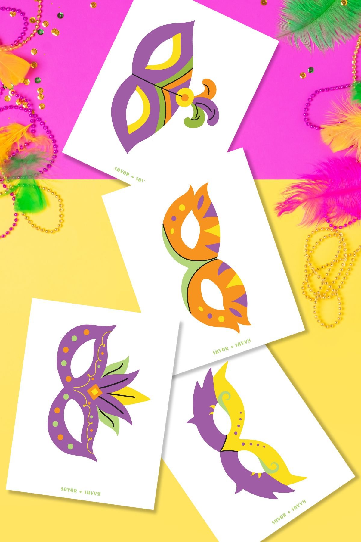 Mardi Gras free printable mask templates for teens and adults on multicolored background.