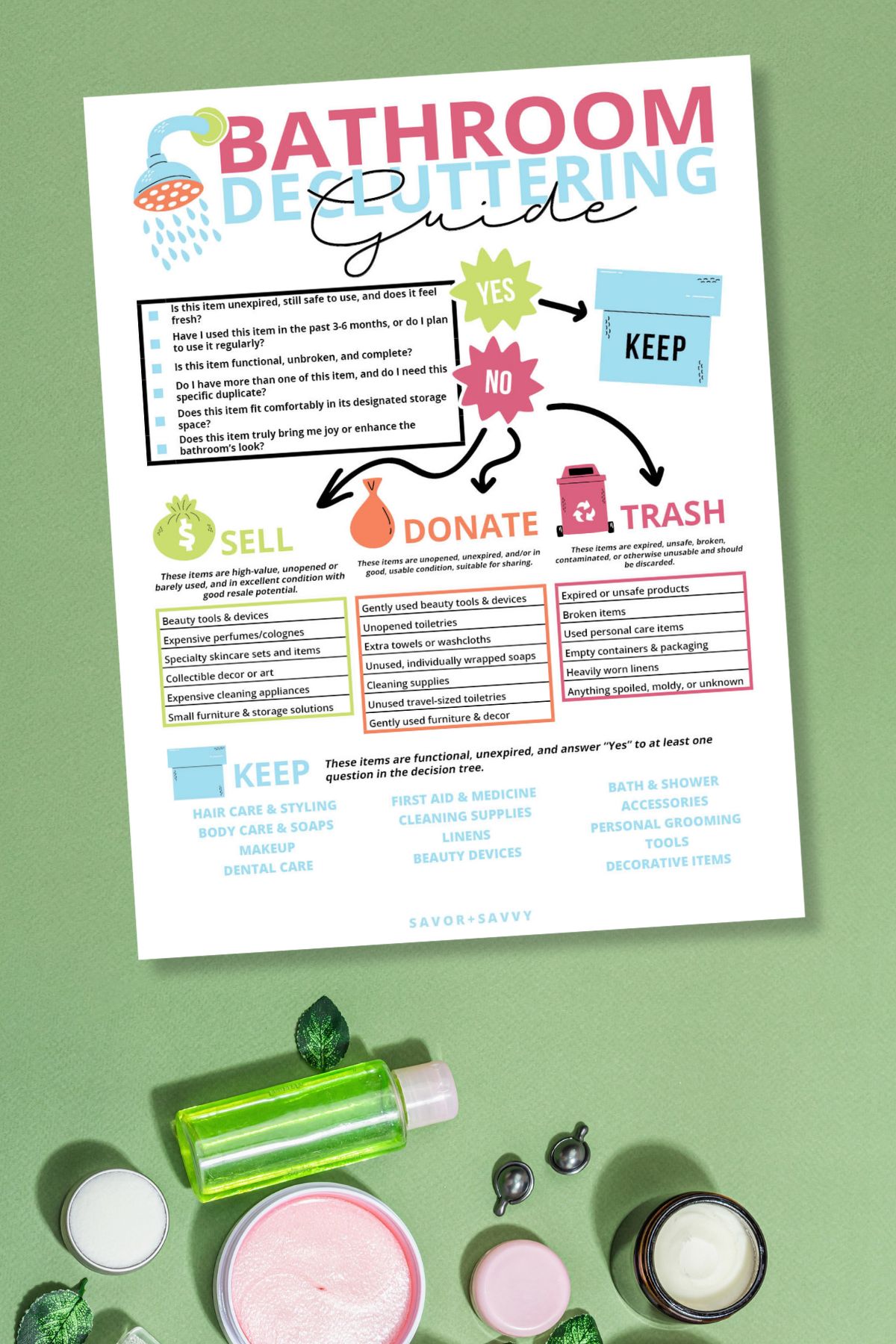 Bathroom decluttering guide free printable on green background next to toiletries.