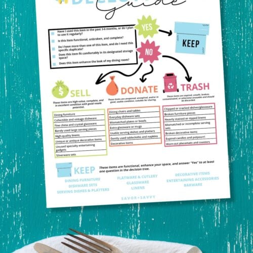 Free printable decluttering guide for the dining room on a blue surface next to cutlery.
