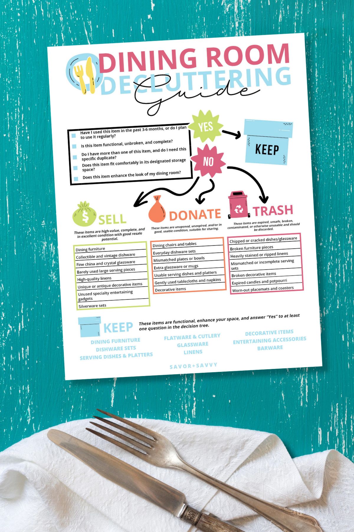 Free printable decluttering guide for the dining room on a blue surface next to cutlery.