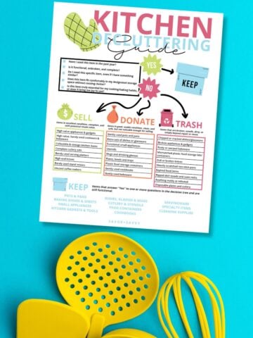 Kitchen decluttering guide printable on blue background next to yellow cooking utensils.