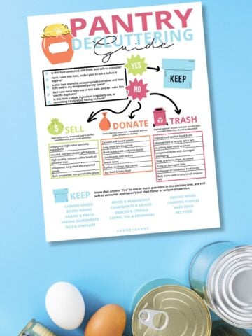 Free printable pantry decluttering guide on blue background next to canned food.