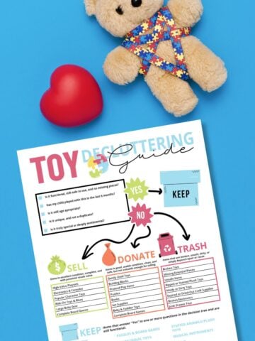 Toy decluttering guide free printable on blue background next to plush teddybear.