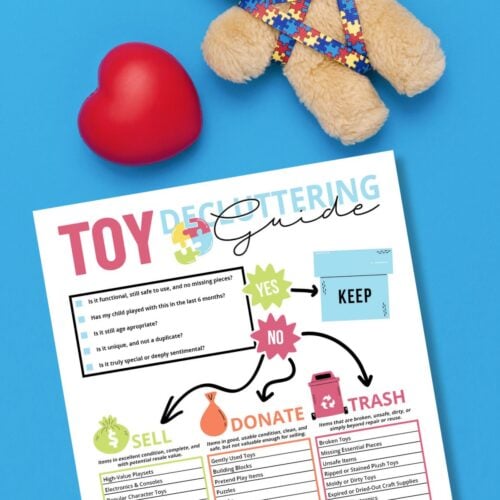 Toy decluttering guide free printable on blue background next to plush teddybear.
