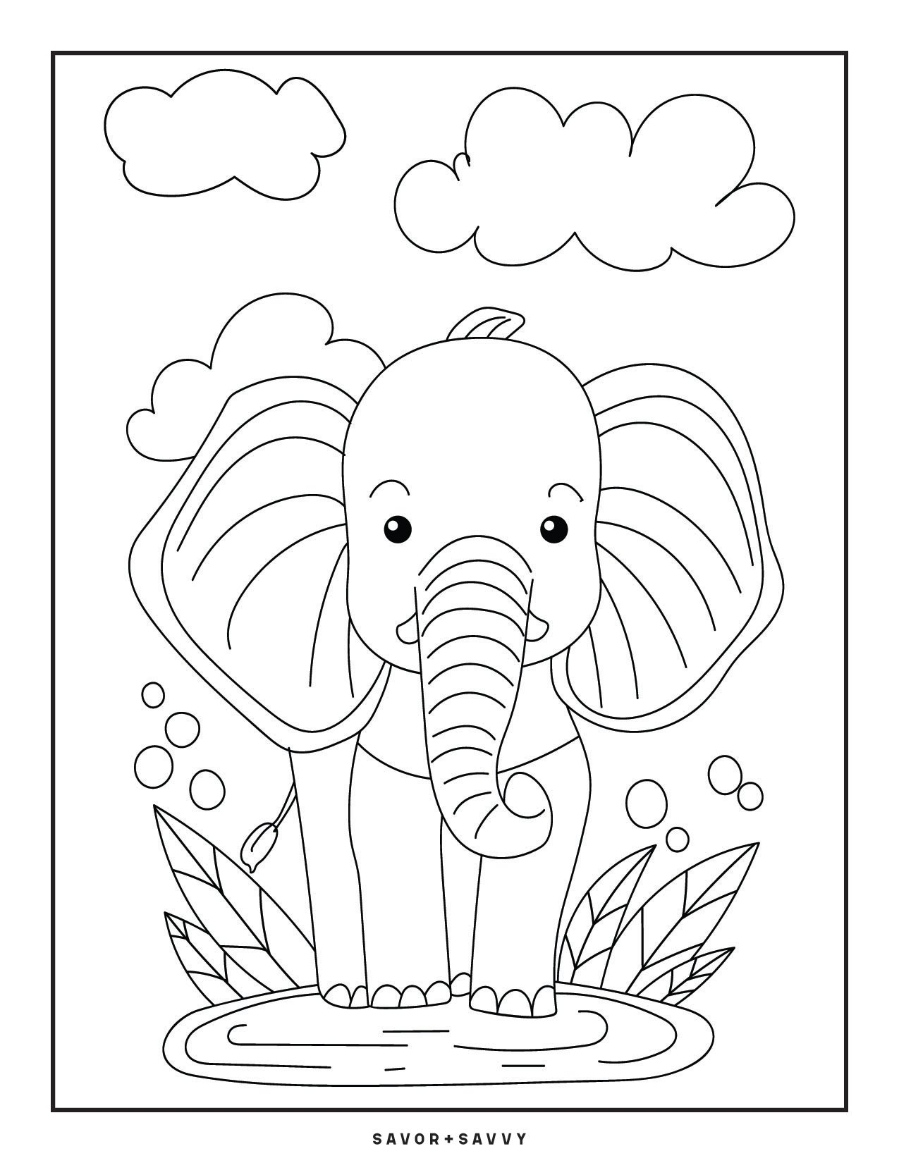 Image of Elephant Free Printable Jungle Animals Coloring Page For Toddlers.