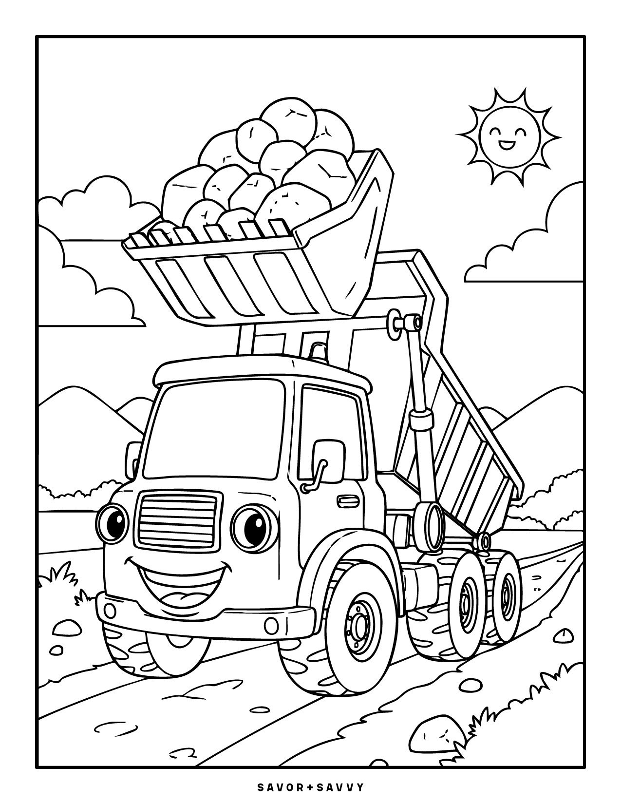 Image of The Cheerful Dump Truck Free Printable Construction Coloring Page For Boys.