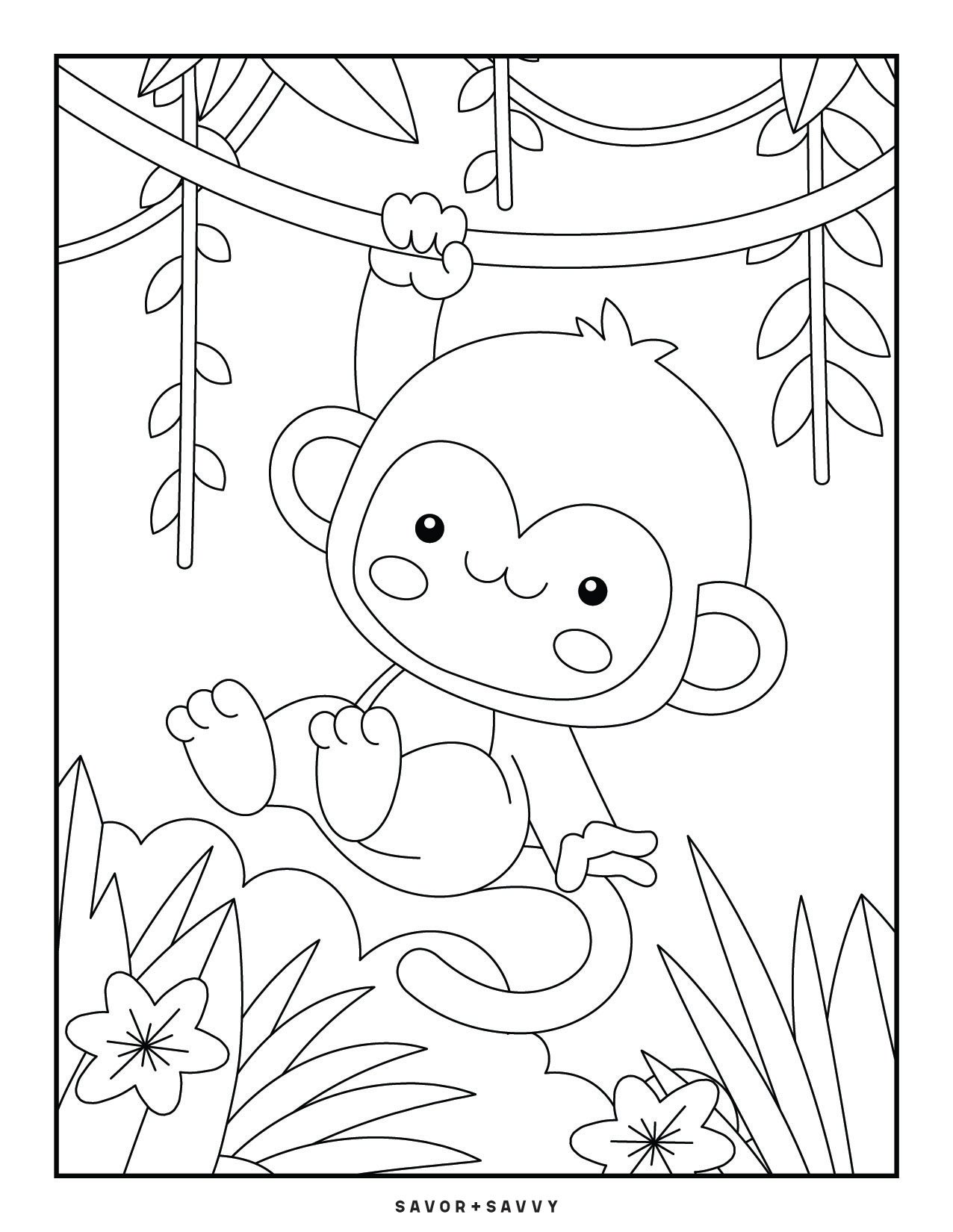 Image of Monkey Free Printable Jungle Animals Coloring Page For Toddlers.