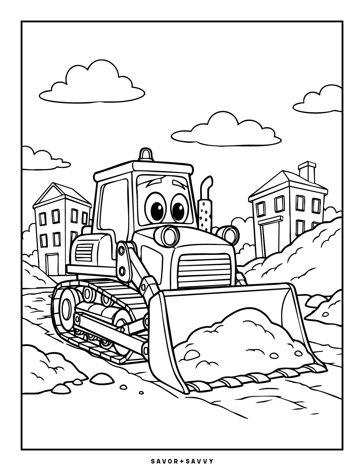 Image of The Friendly Bulldozer Free Printable Construction Coloring Page For Boys.
