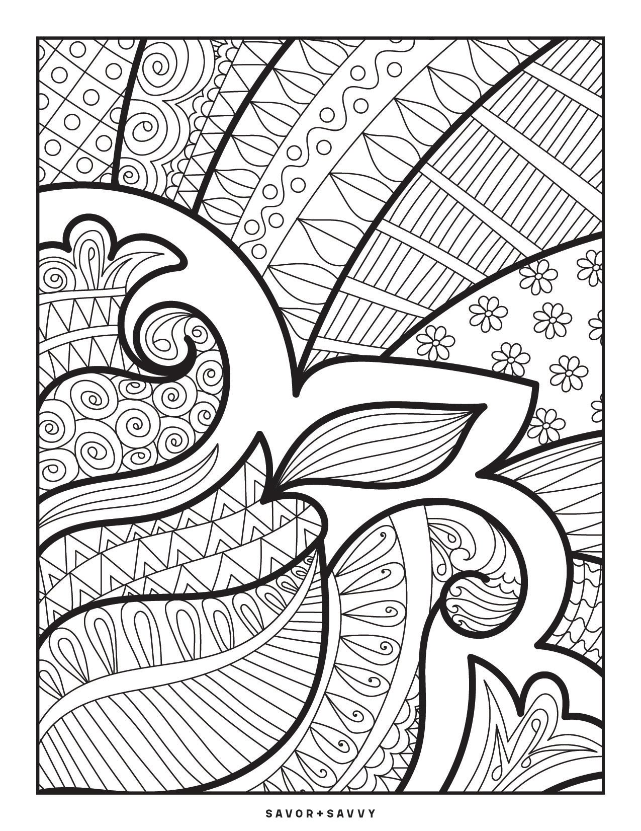 Image of Abstract Waves and Florals Coloring Page For Teens.