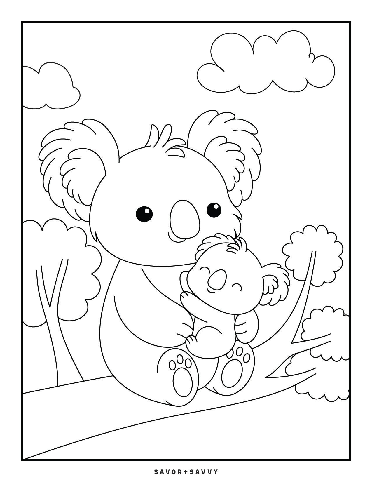 Image of Koala Free Printable Jungle Animals Coloring Page For Toddlers.