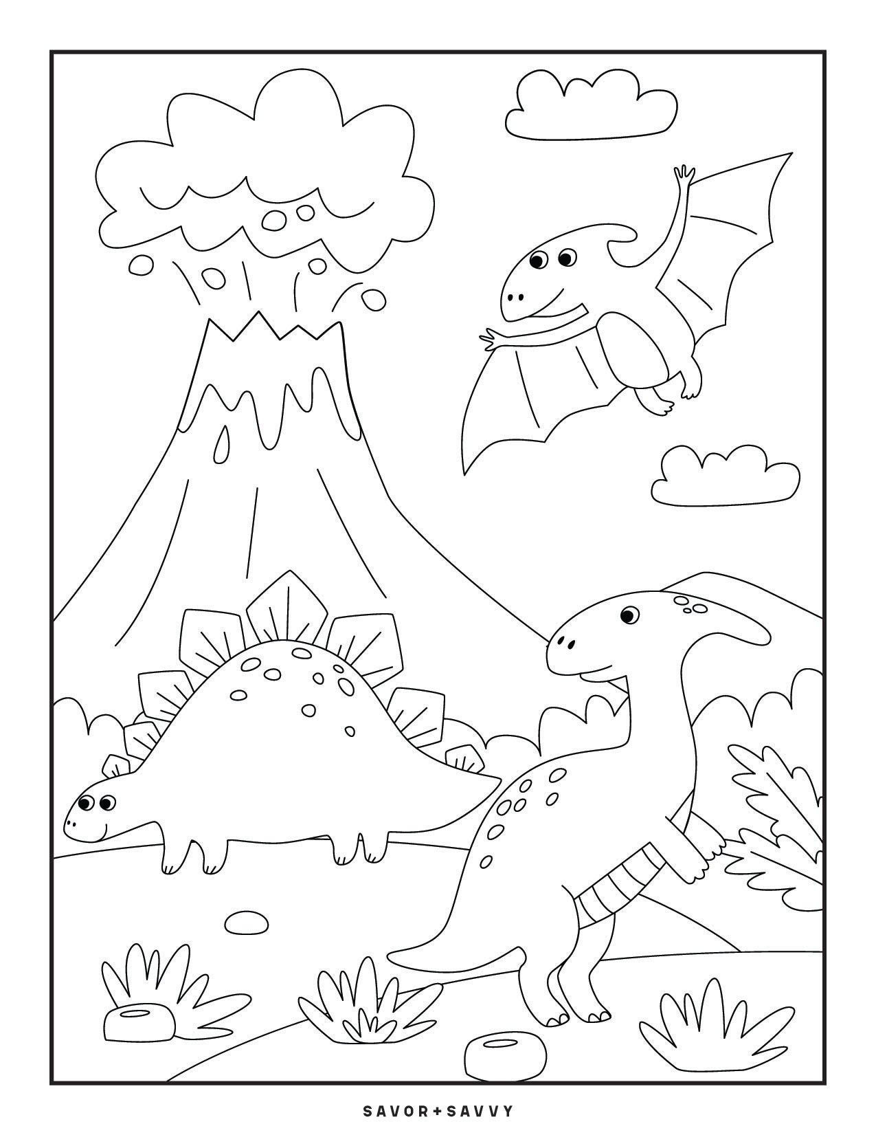 Image of Stegosaurus, Parasaurolophus & Pterodactyl Free Printable Dinosaur Coloring Page For Kids.